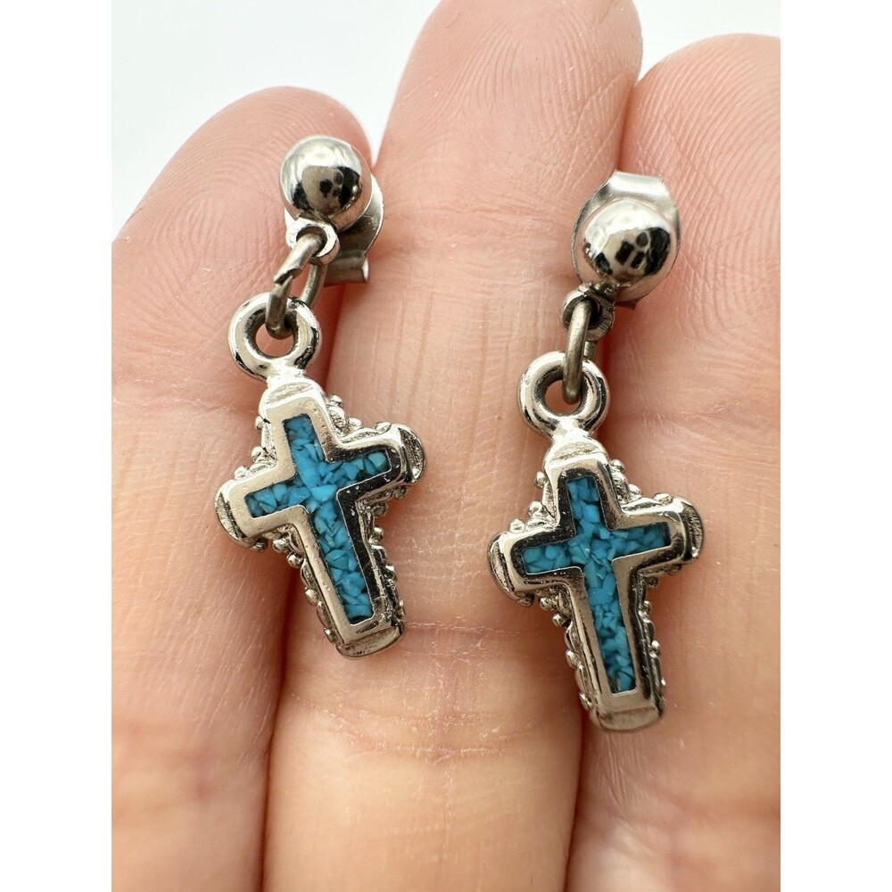 Vintage Southwestern Turquoise Cross Dangle Earrings